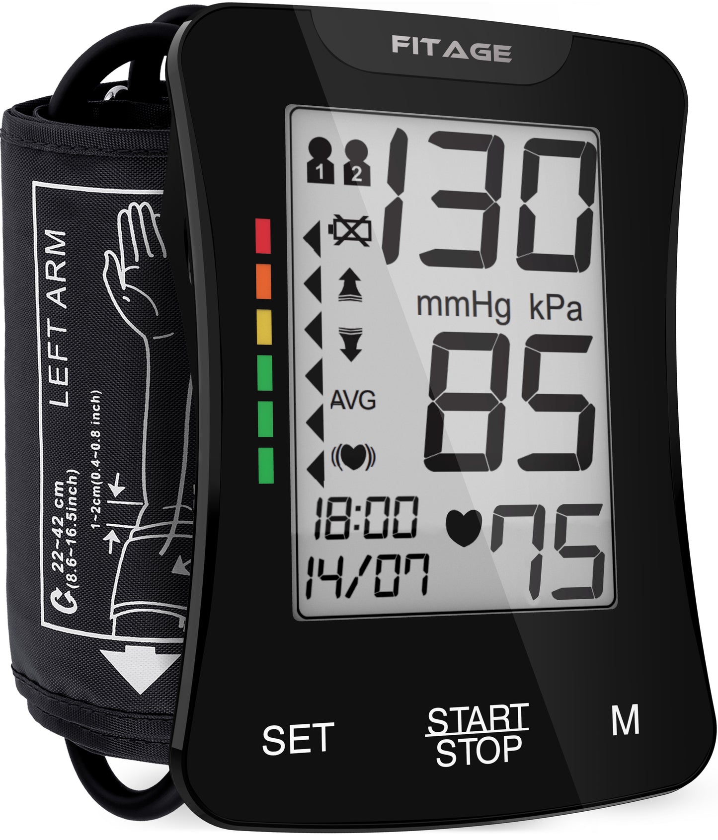 Een bloeddrukmeter met een digitaal display en een opblaasbare manchet voor het meten van de bloeddruk.