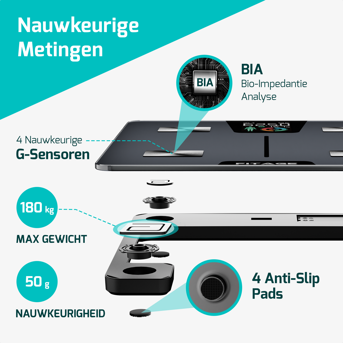 Personenweegschaal LCD - Weegschaal met 17x Lichaamsanalyse - Vetpercentagemeter - FITAGE App