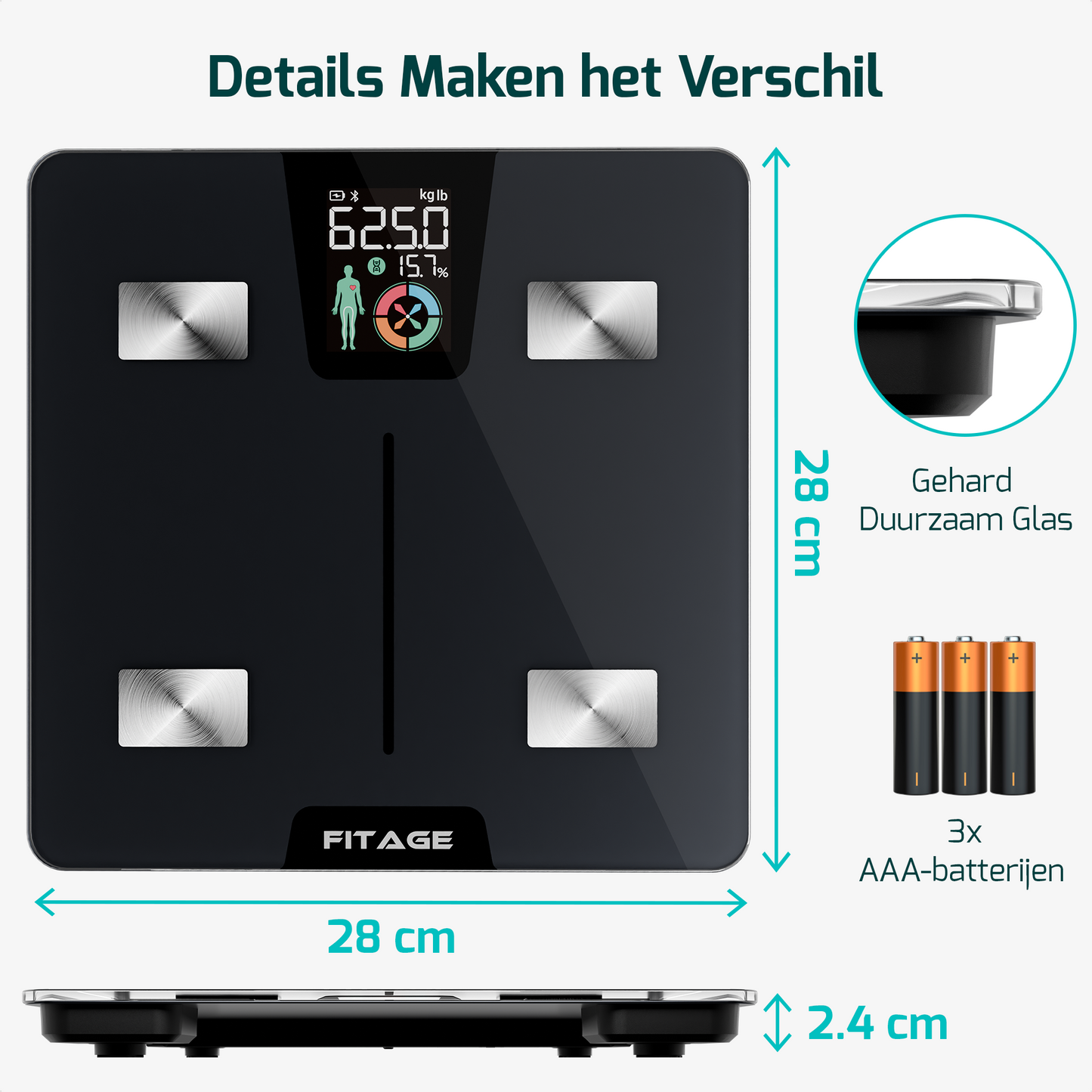 Personenweegschaal LCD - Weegschaal met 17x Lichaamsanalyse - Vetpercentagemeter - FITAGE App