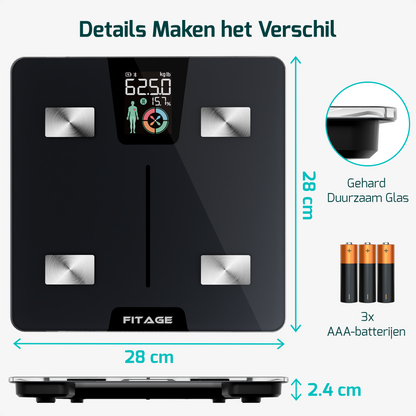 Personenweegschaal LCD - Weegschaal met 17x Lichaamsanalyse - Vetpercentagemeter - FITAGE App
