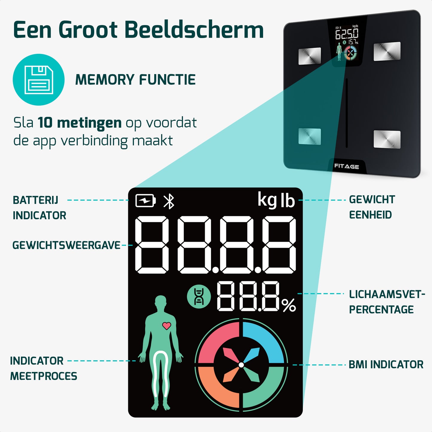 Personenweegschaal LCD - Weegschaal met 17x Lichaamsanalyse - Vetpercentagemeter - FITAGE App