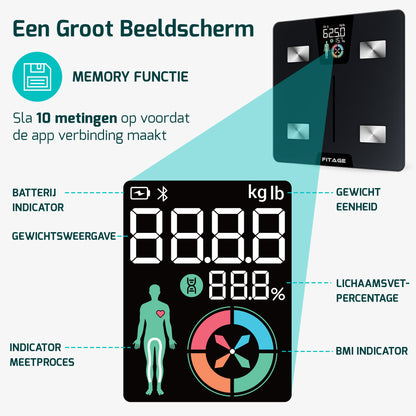 Personenweegschaal LCD - Weegschaal met 17x Lichaamsanalyse - Vetpercentagemeter - FITAGE App