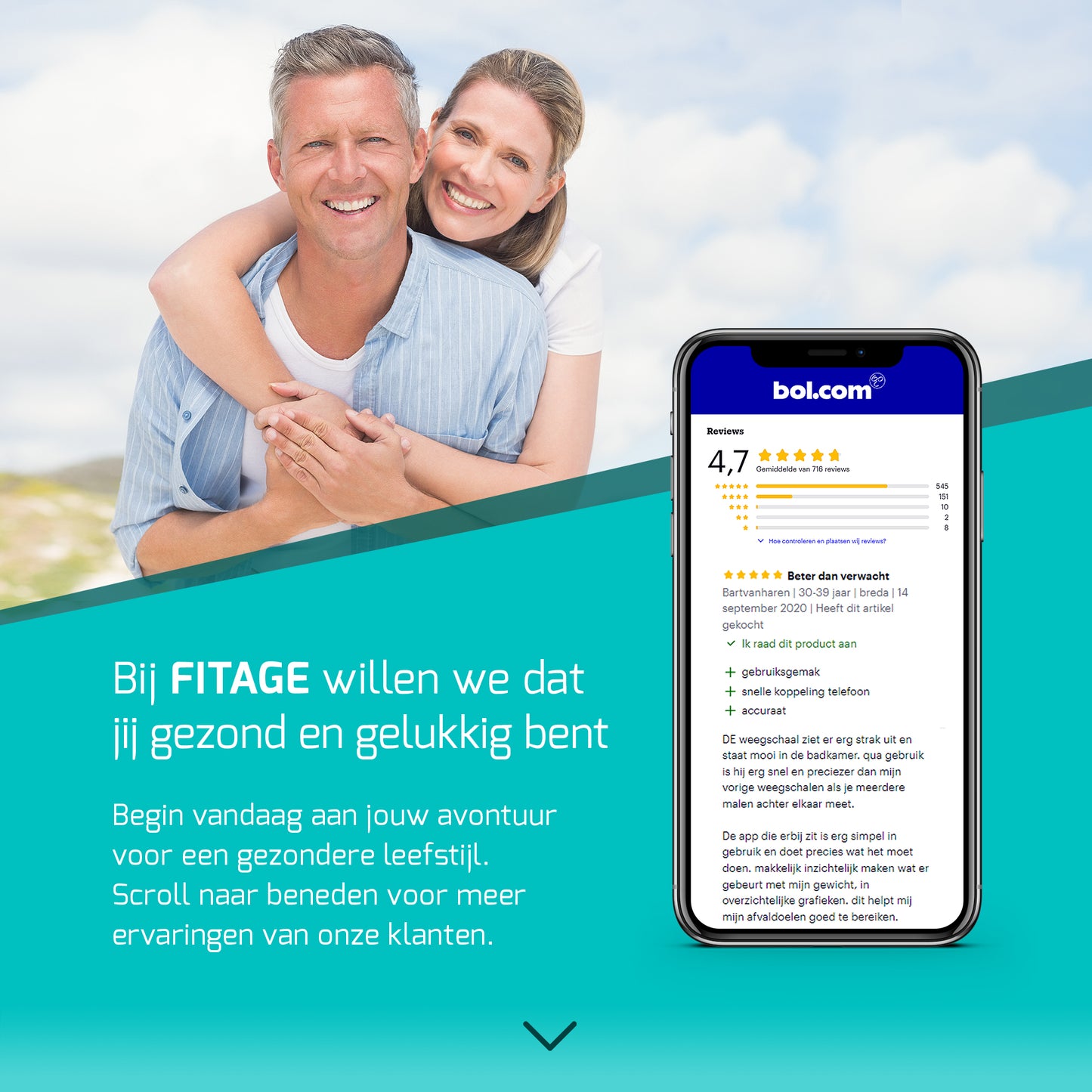 Personenweegschaal LCD - Weegschaal met 17x Lichaamsanalyse - Vetpercentagemeter - FITAGE App