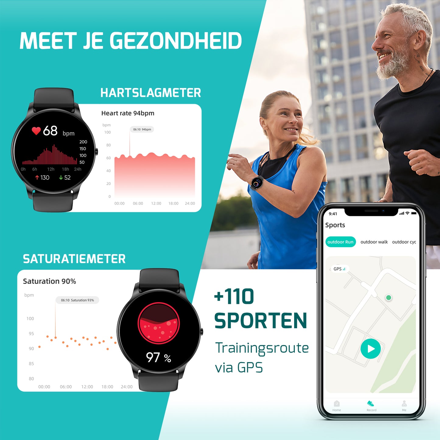 Sporthorloge - Smartwatch - Activity Tracker - GPS - Zwart